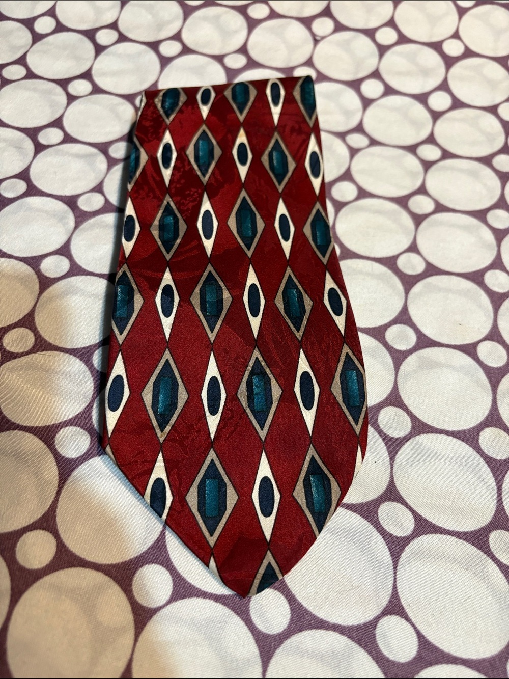 Monterey Bay  Red Geometric Diamond Pattern Tie with Teal and White Accents